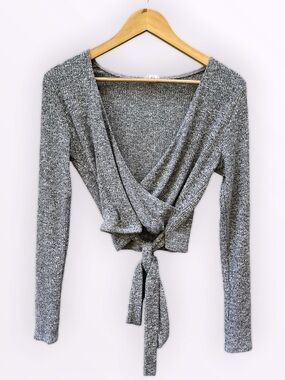 (2/$20) Garage Grey Heathered Ribbed Tie-Front Wrap Crop Top